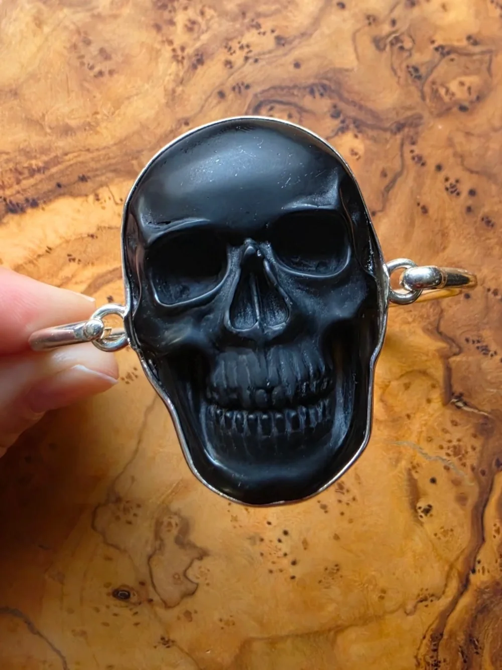 Obsidian & Fine Silver Skull Bangle